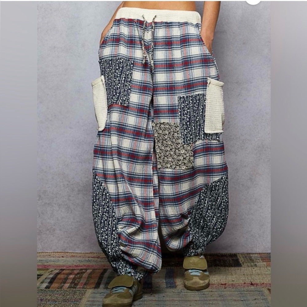 POL Sz L Patchwork Blue Multicolor Plaid Floral Women Knit Cargo Pocket Joggers